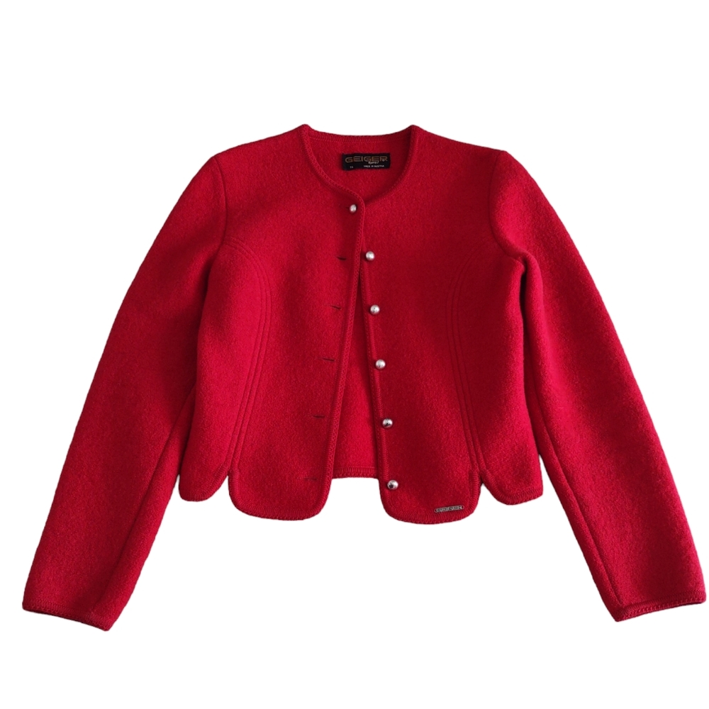 Geiger Tyrol Size 36 Austria Pure New Wool Red Button Front Sweater Jacket